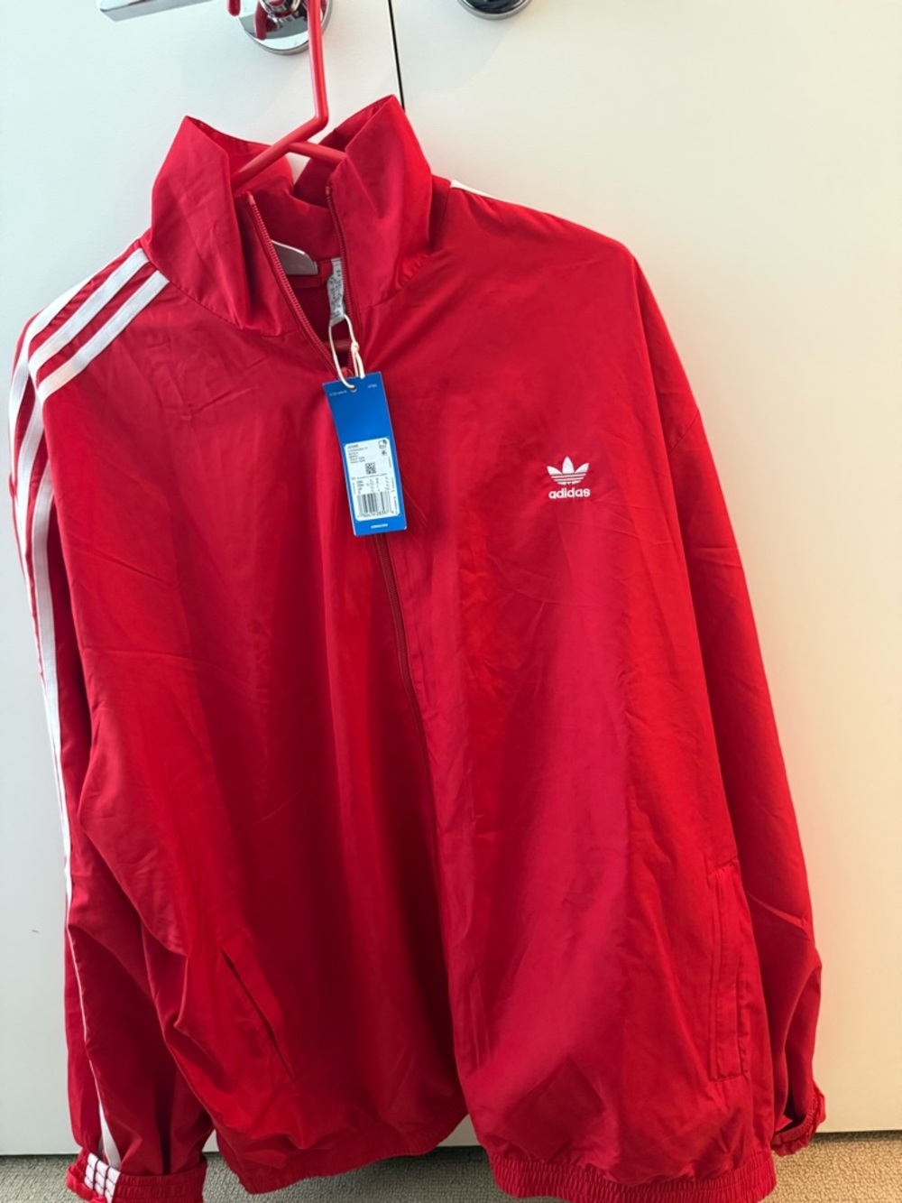 adidas Red Zip-Front Track Jacket with White Stripes